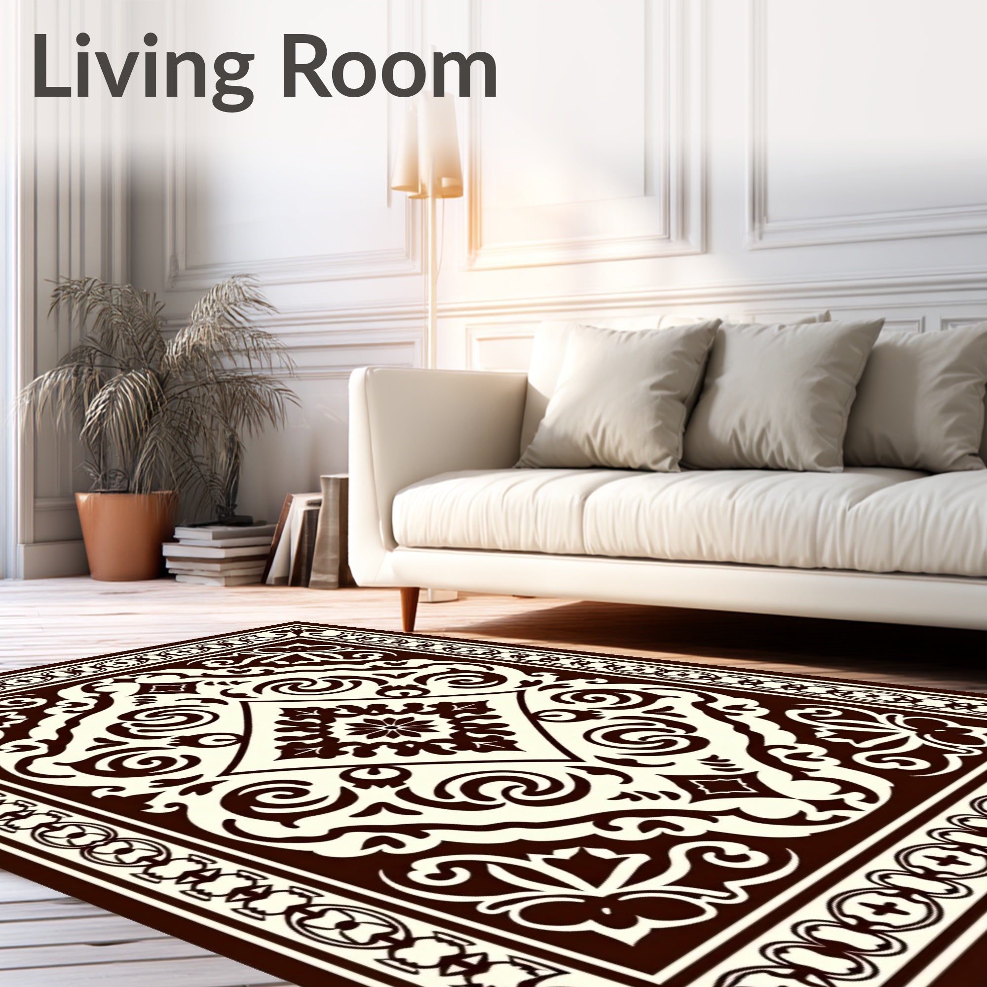 Classic Dark Brown Floral Scroll Pattern Rug