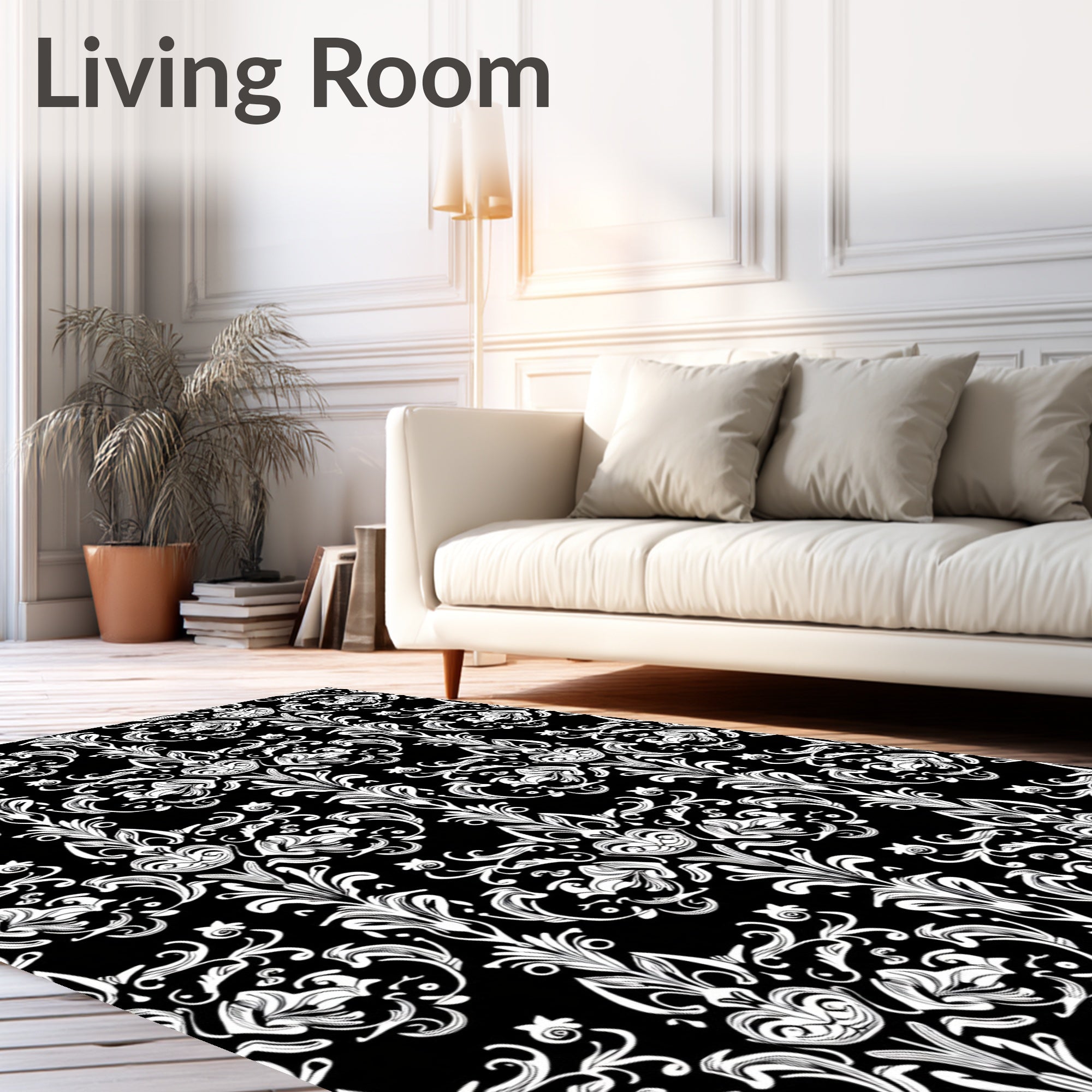Black White Ornate Floral Scroll Rug