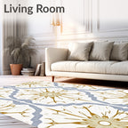 Gold Blue Floral Lattice Tile Rug
