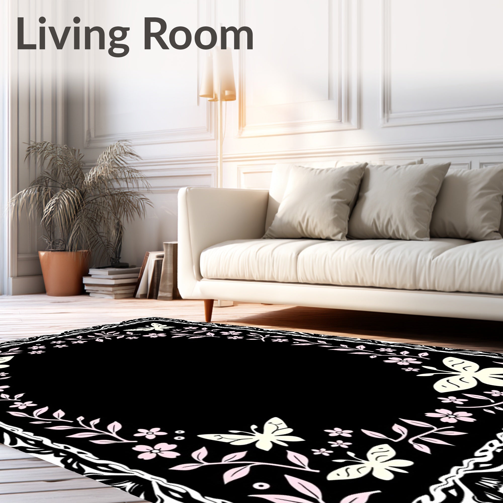 Cream Butterfly Floral Lace Design Rug
