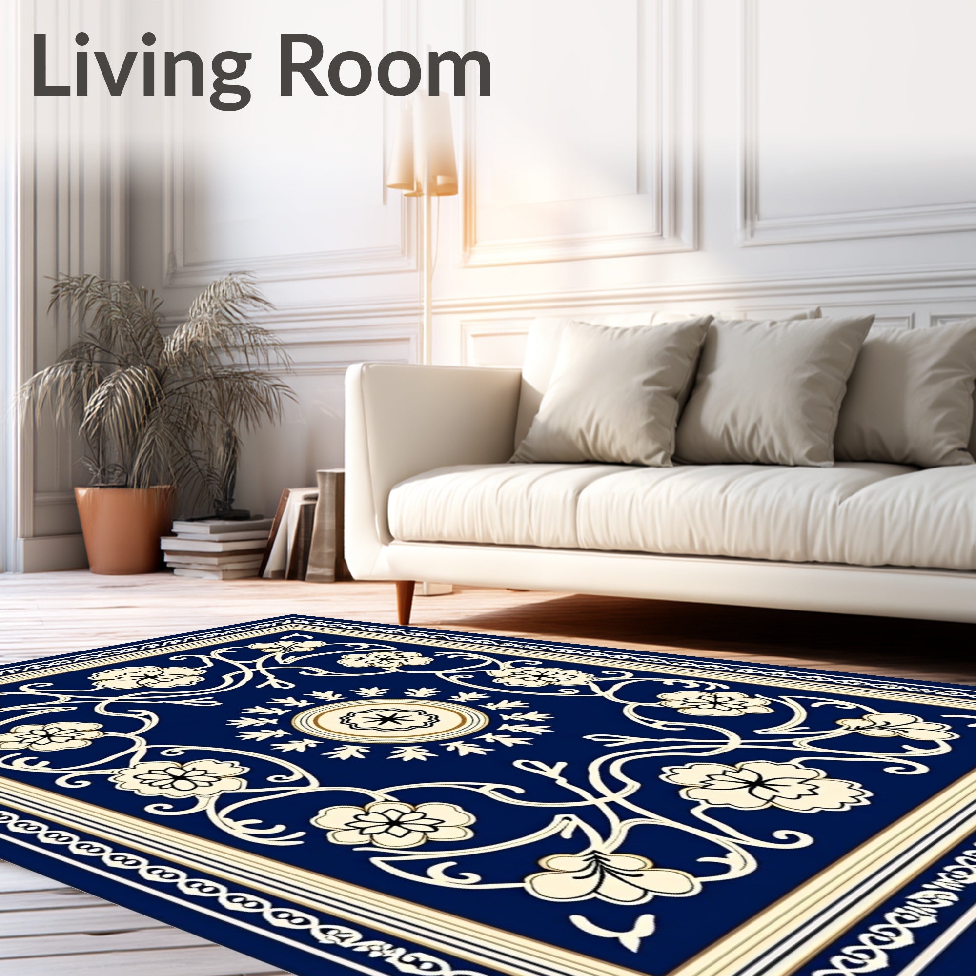 Elegant Floral Vine Cream Navy Rug