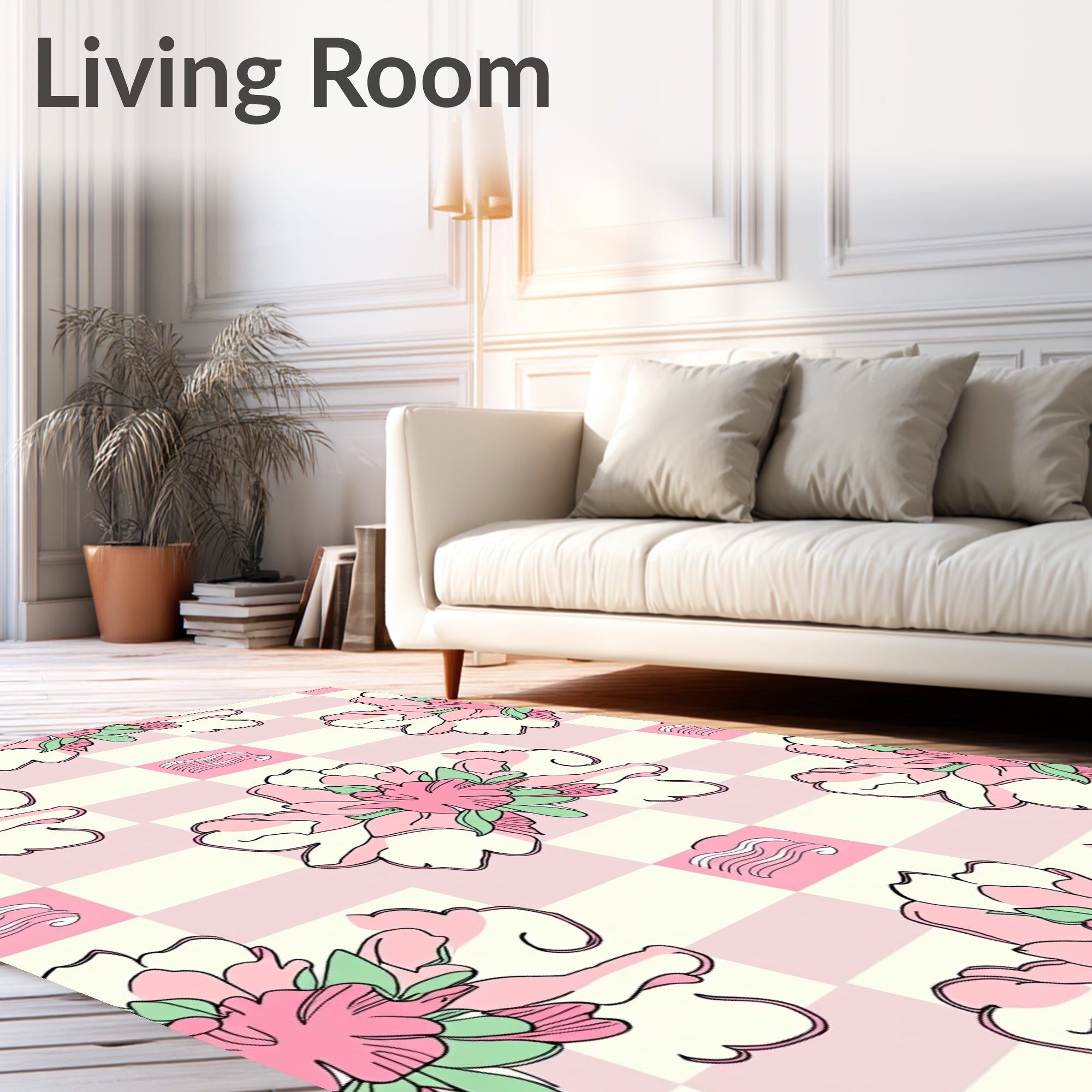 Pink Floral Checkerboard Whimsical Design Rug