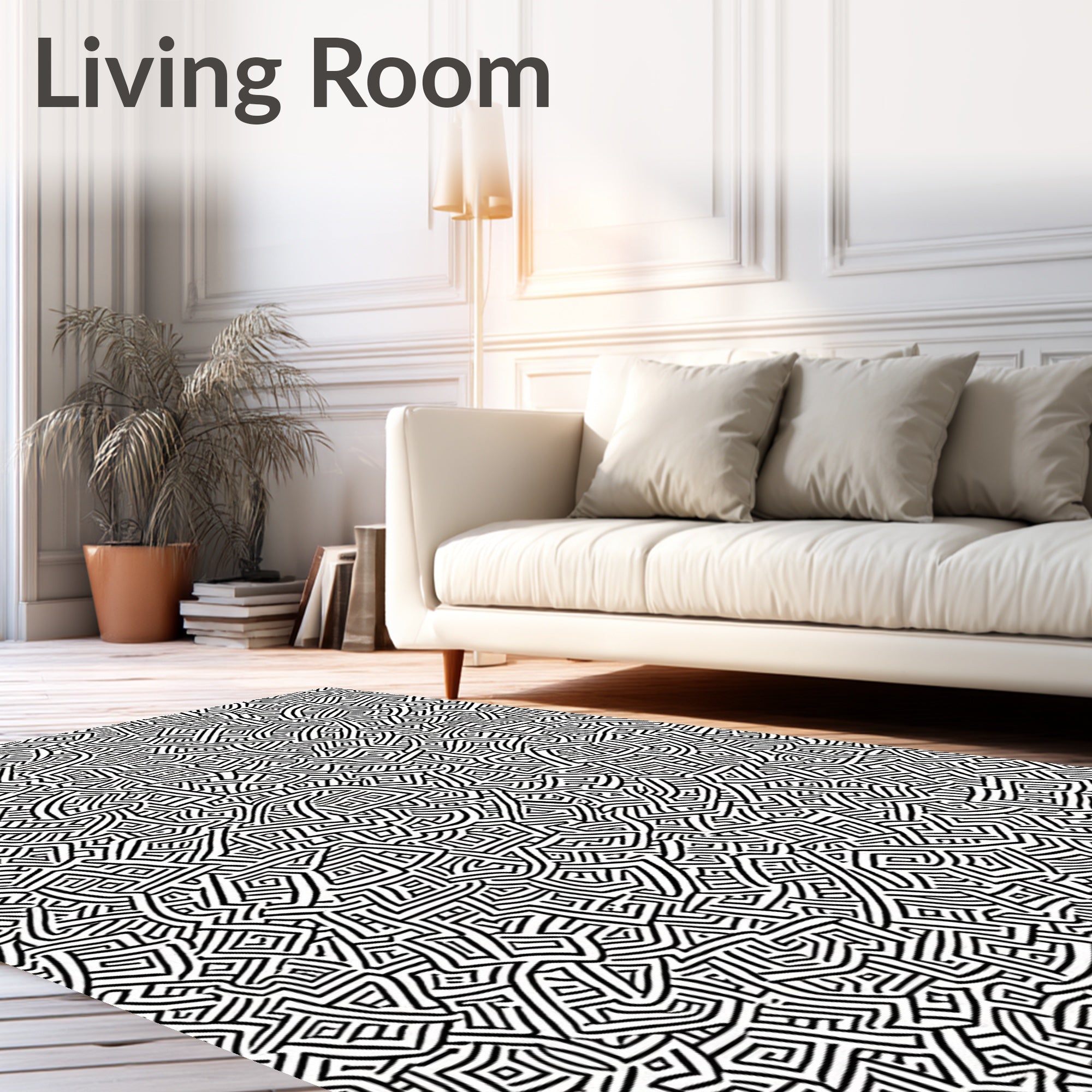 Abstract Black White Maze Pattern Rug
