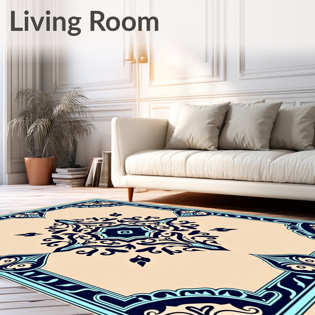 Intricate Floral Medallion Cream Navy Rug