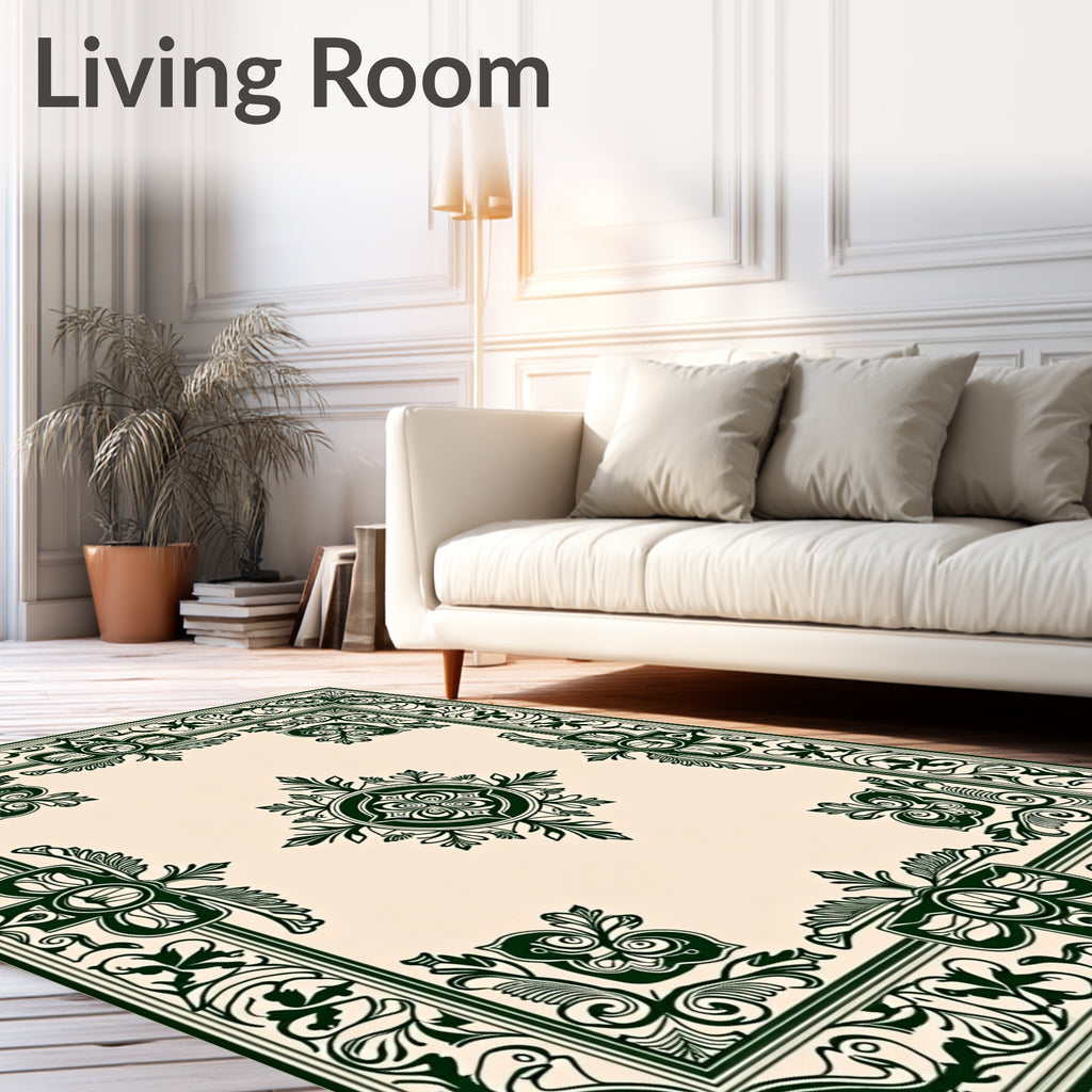 Ornate Dark Green Floral Bordered Rug