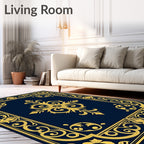 Ornate Gold Navy Scrollwork Design Rug