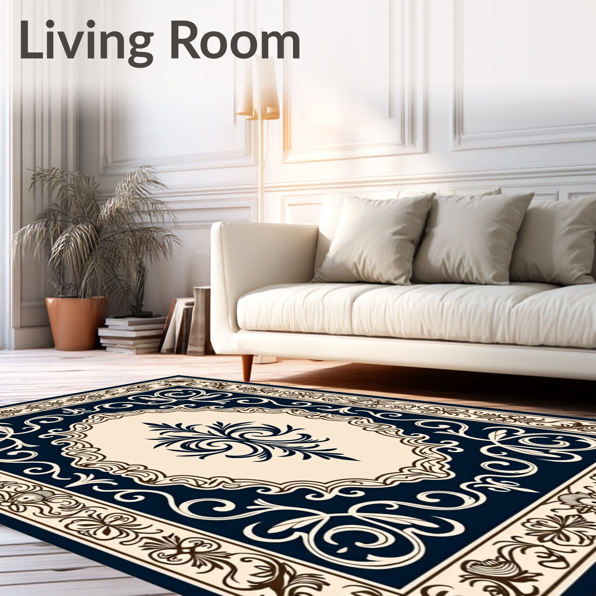 Ornate Floral Scrollwork Dark Navy Rug