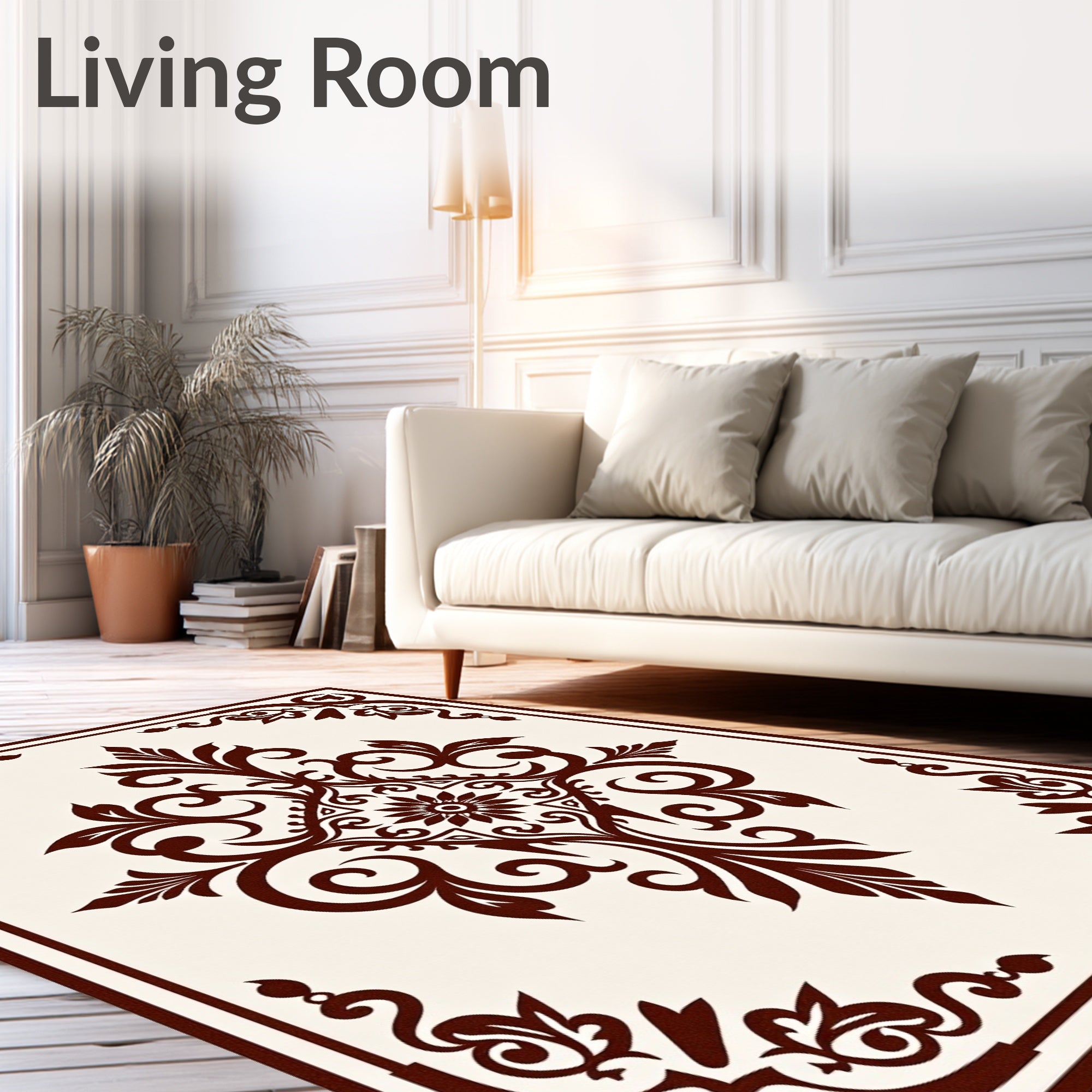 Elegant Dark Brown Floral Scroll Pattern Rug
