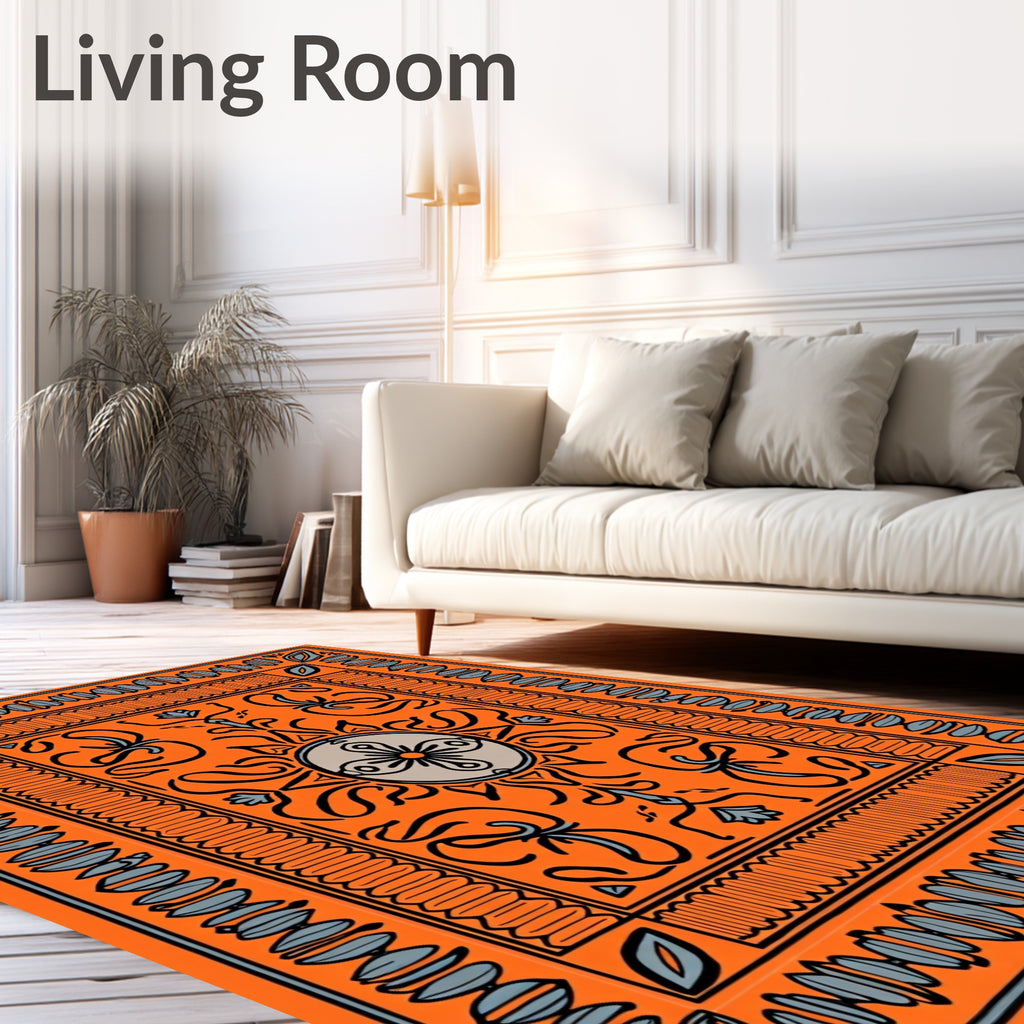 Orange Abstract Floral Border Design Rug
