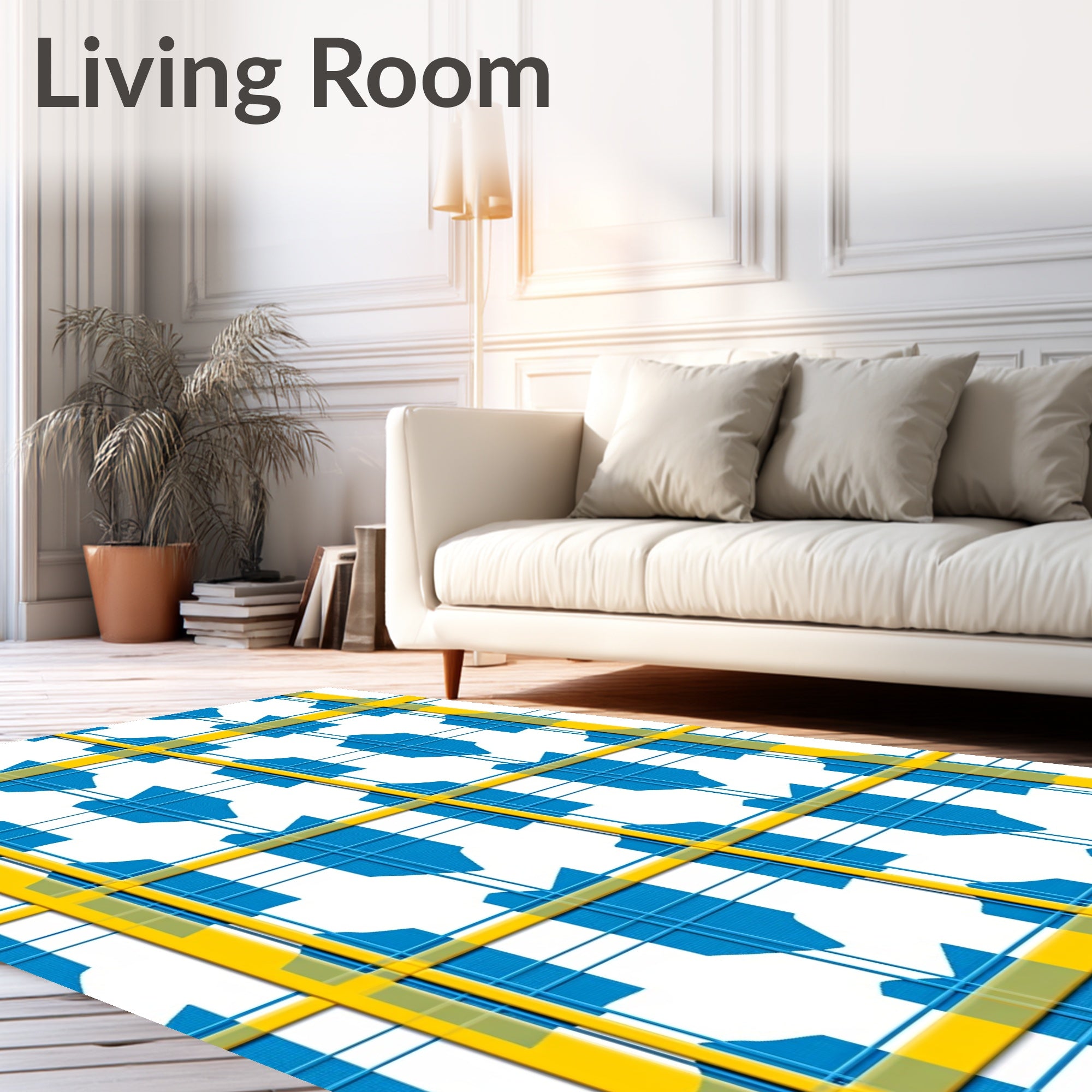 Bold Yellow Blue Plaid Abstract Design Rug