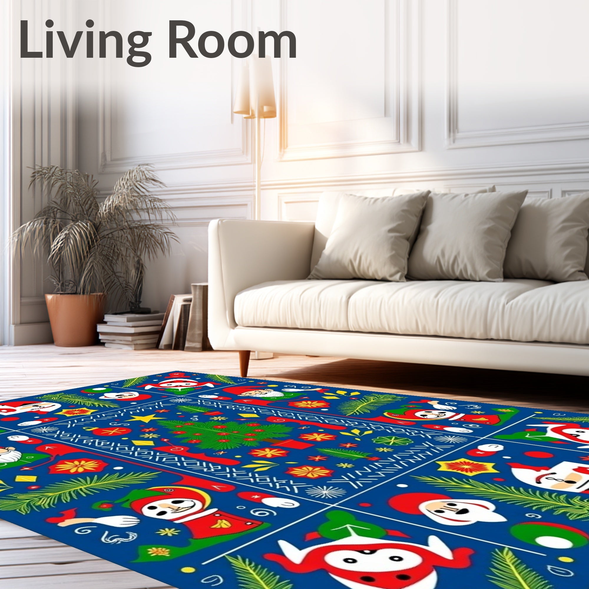Festive Blue Christmas Folk Art Elements Rug