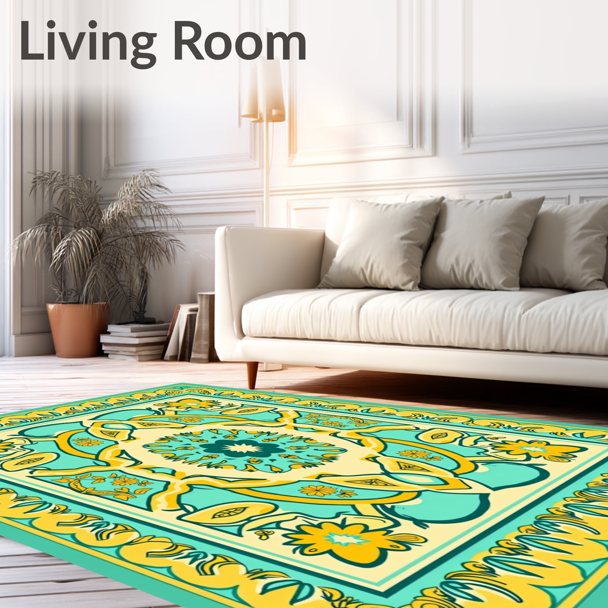 Teal Yellow Floral Mandala Pattern Rug