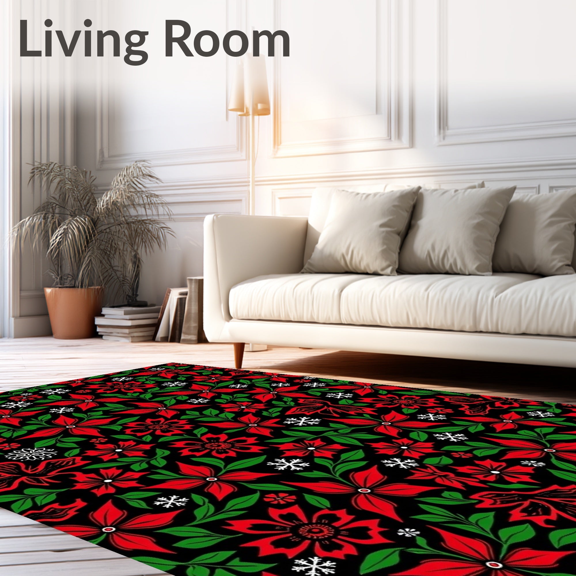 Red Green Poinsettia Snowflake Blooms Rug