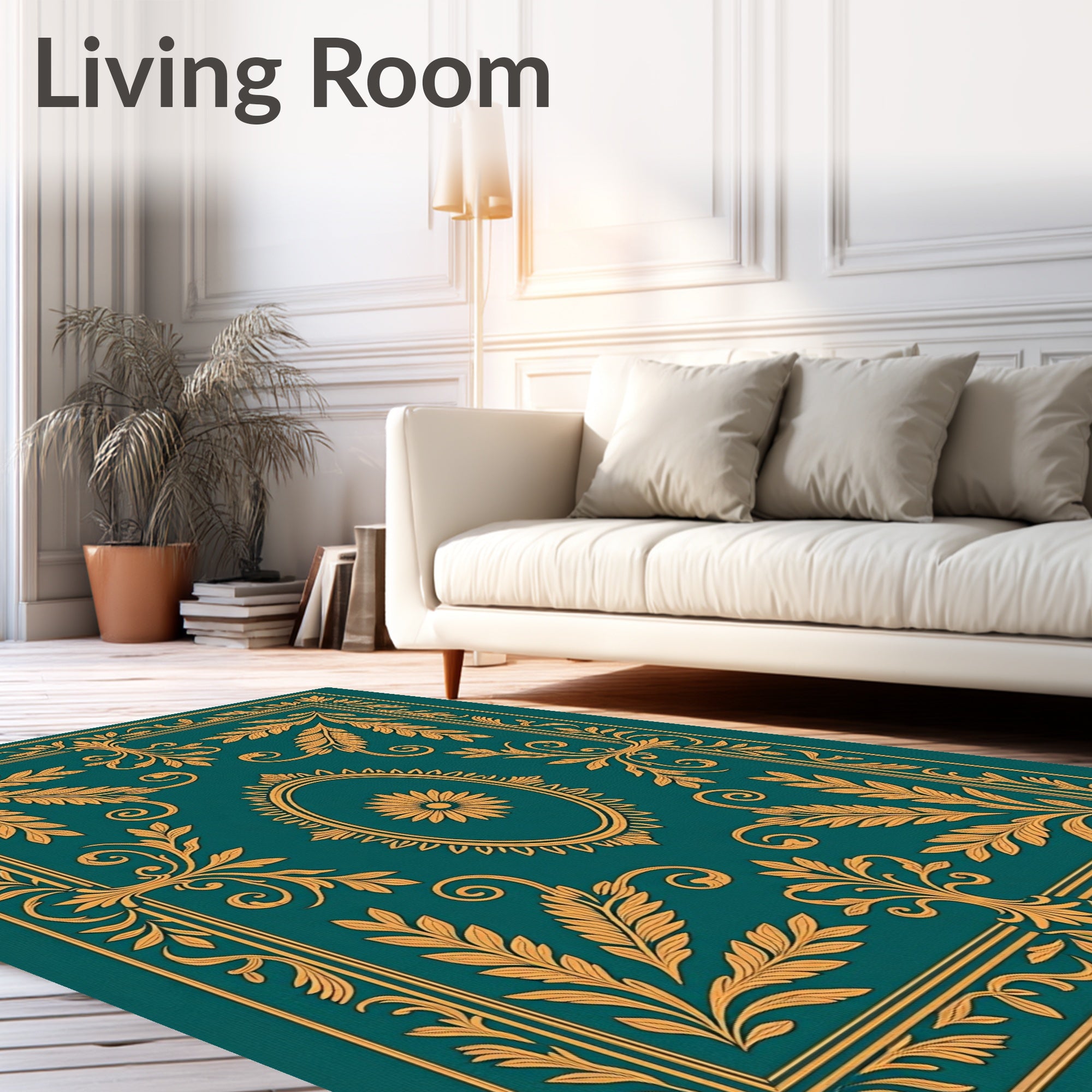 Ornate Floral Medallion Teal Gold Rug