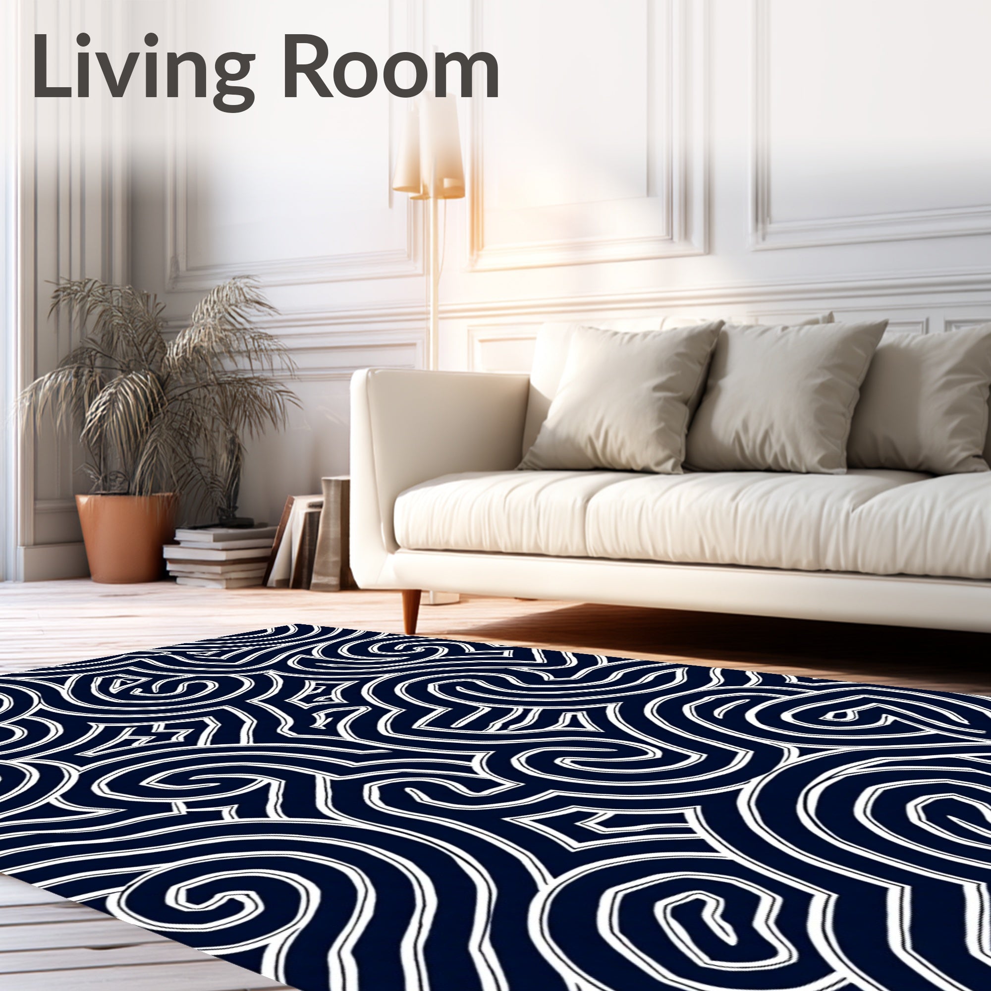 Navy White Swirl Abstract Pattern Rug