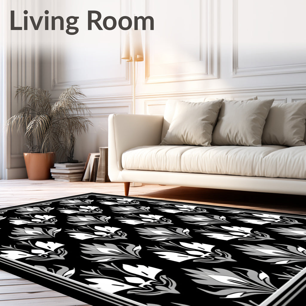 Damask Floral Black White Pattern Rug