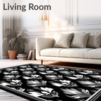 Damask Floral Black White Pattern Rug