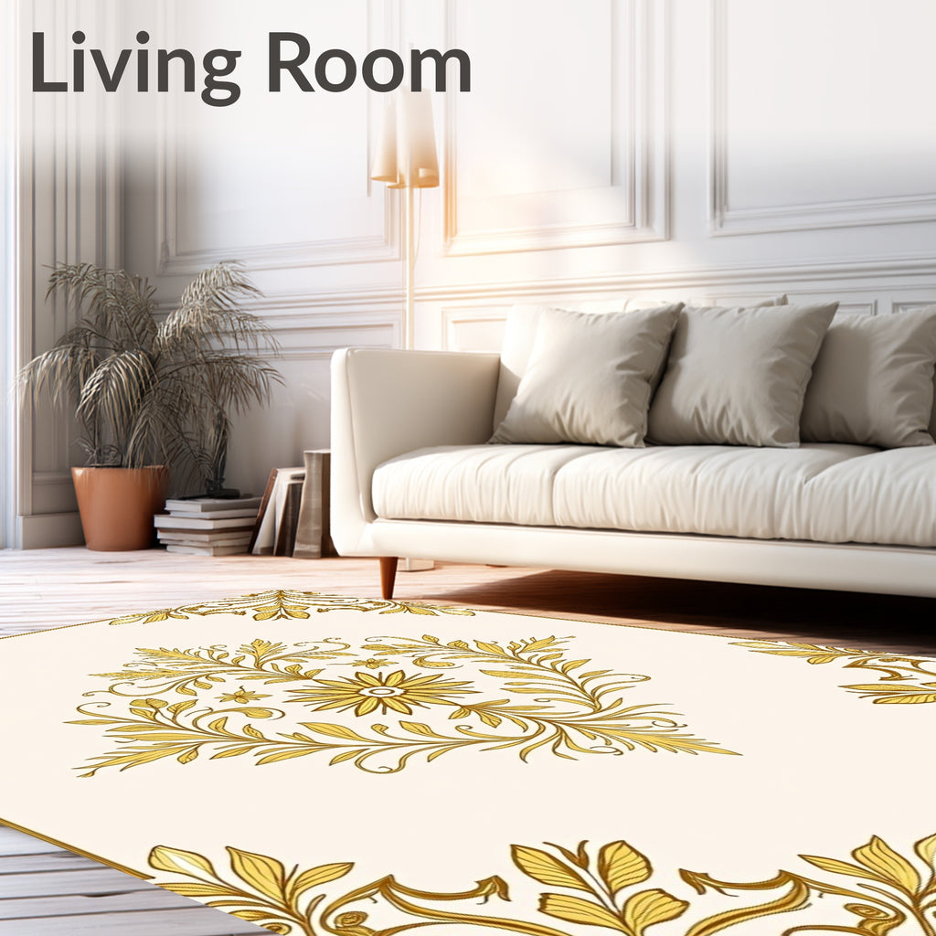 Ornate Golden Floral Vine Pattern Rug