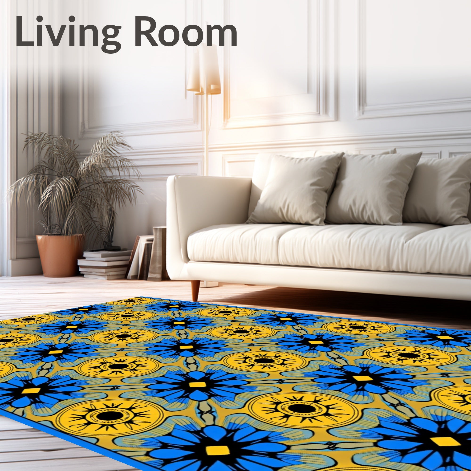 Yellow Blue Floral Sunburst Pattern Rug