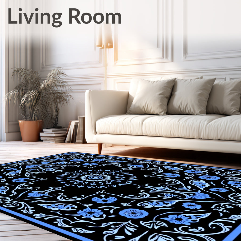 Black Floral Scrollwork Medallion Pattern Rug
