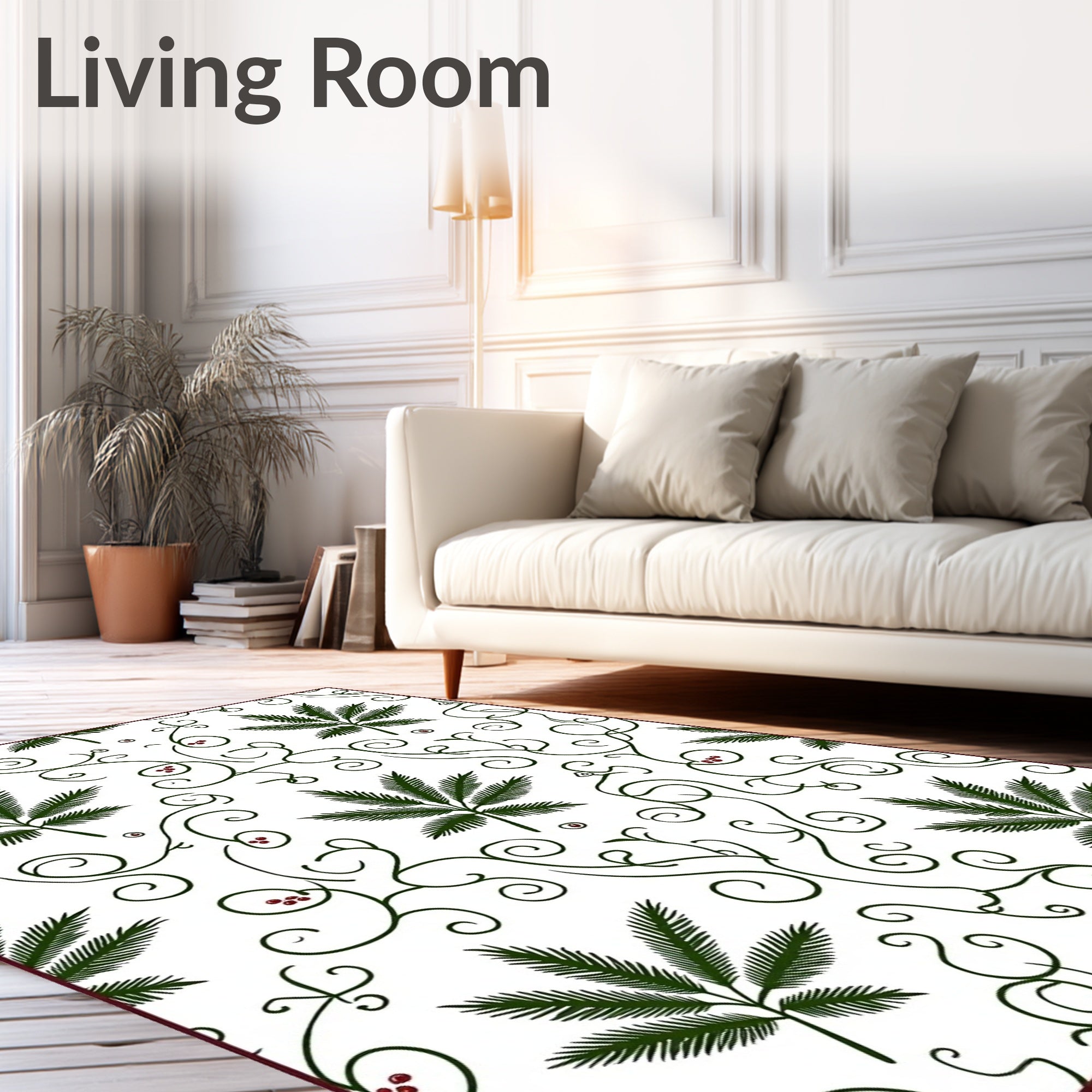 Green Fern Swirl Botanical Motif Rug