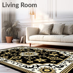 Classic Black and Gold Floral Motif Rug