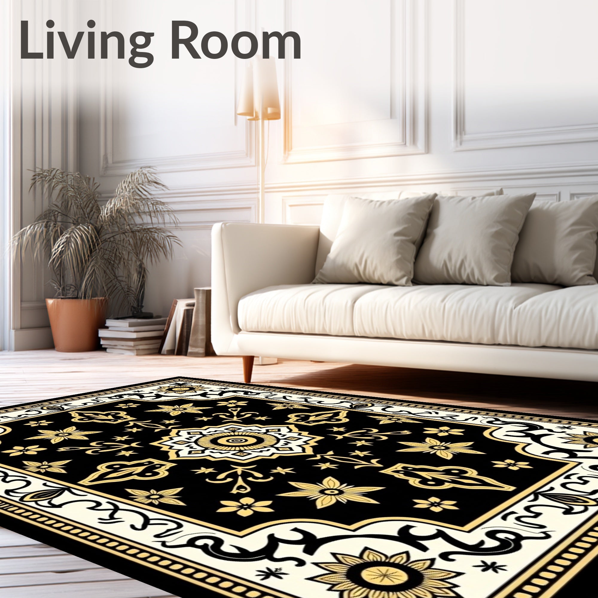 Classic Black and Gold Floral Motif Rug