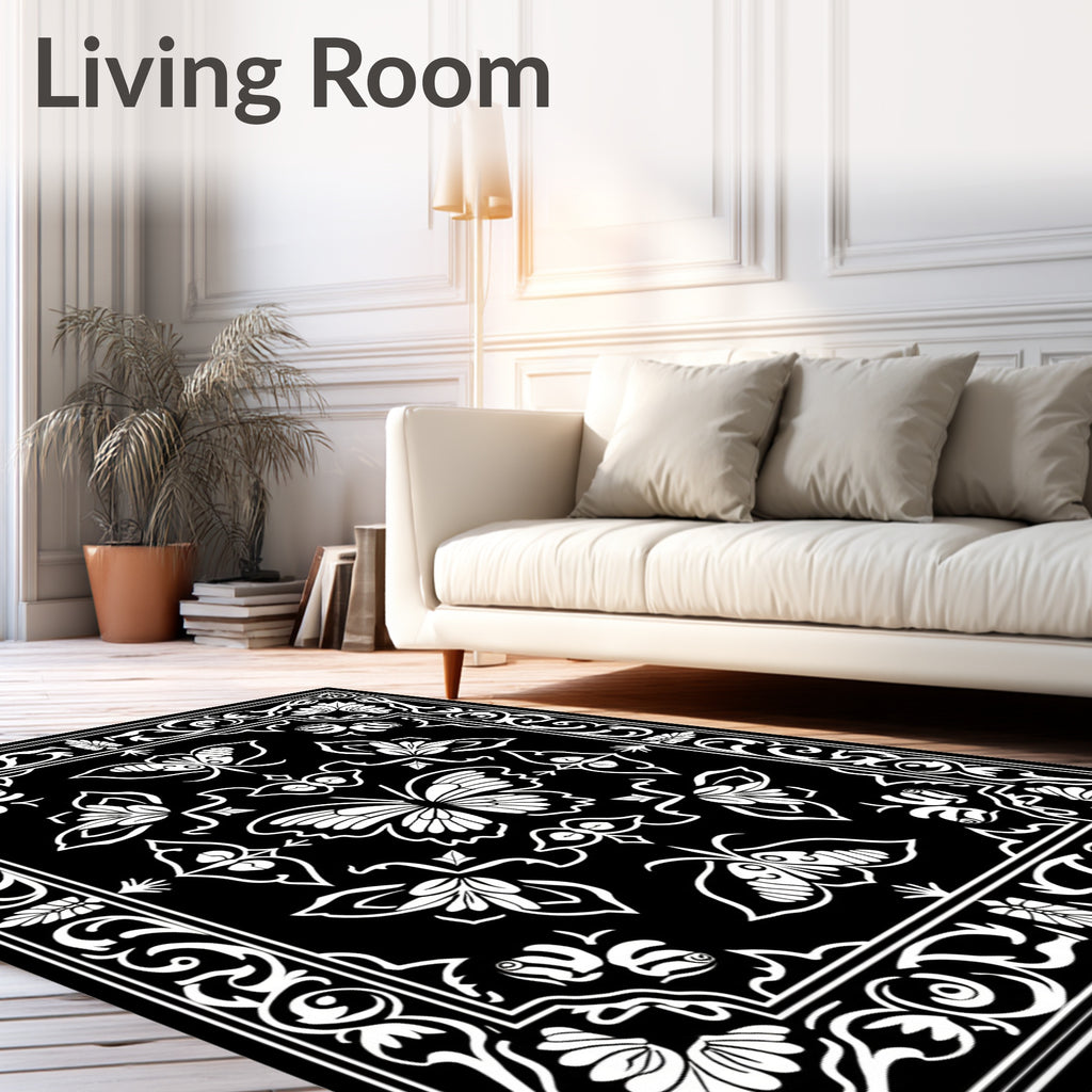 Black White Butterfly Floral Ornament Rug