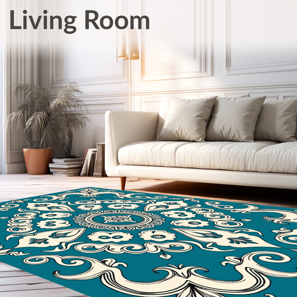 Ornate Teal Cream Scrollwork Pattern Rug