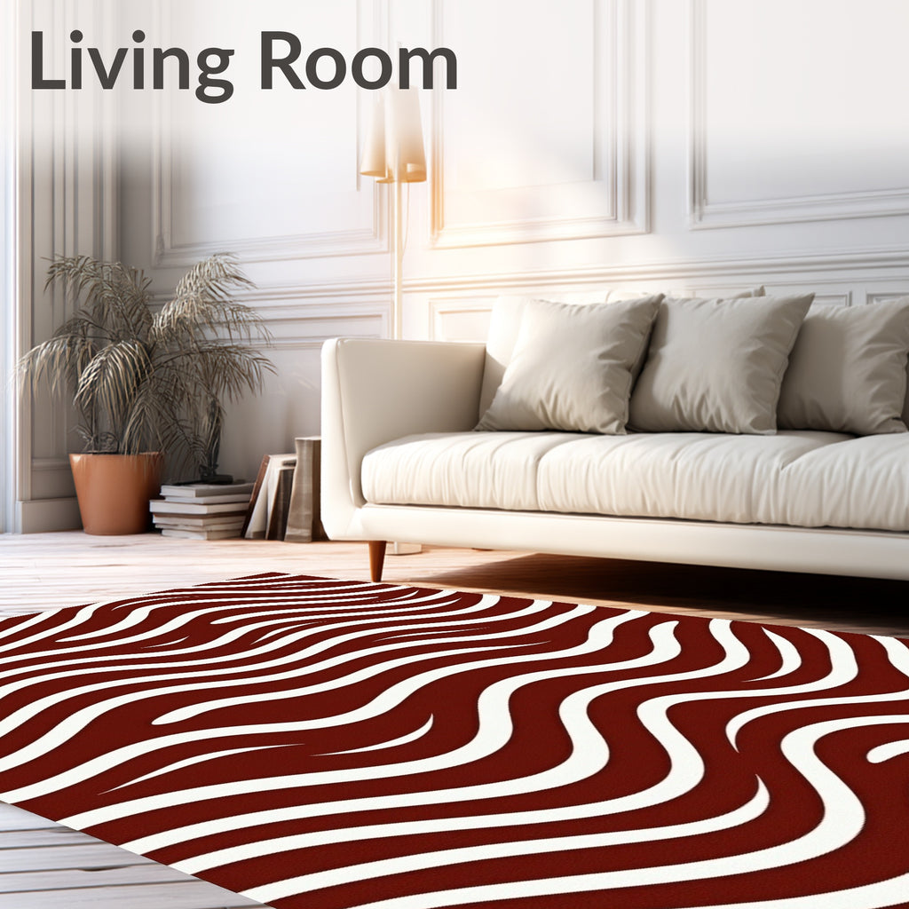 Deep Red White Abstract Waves Rug
