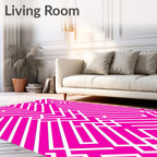 Bold Pink White Geometric Maze Pattern Rug