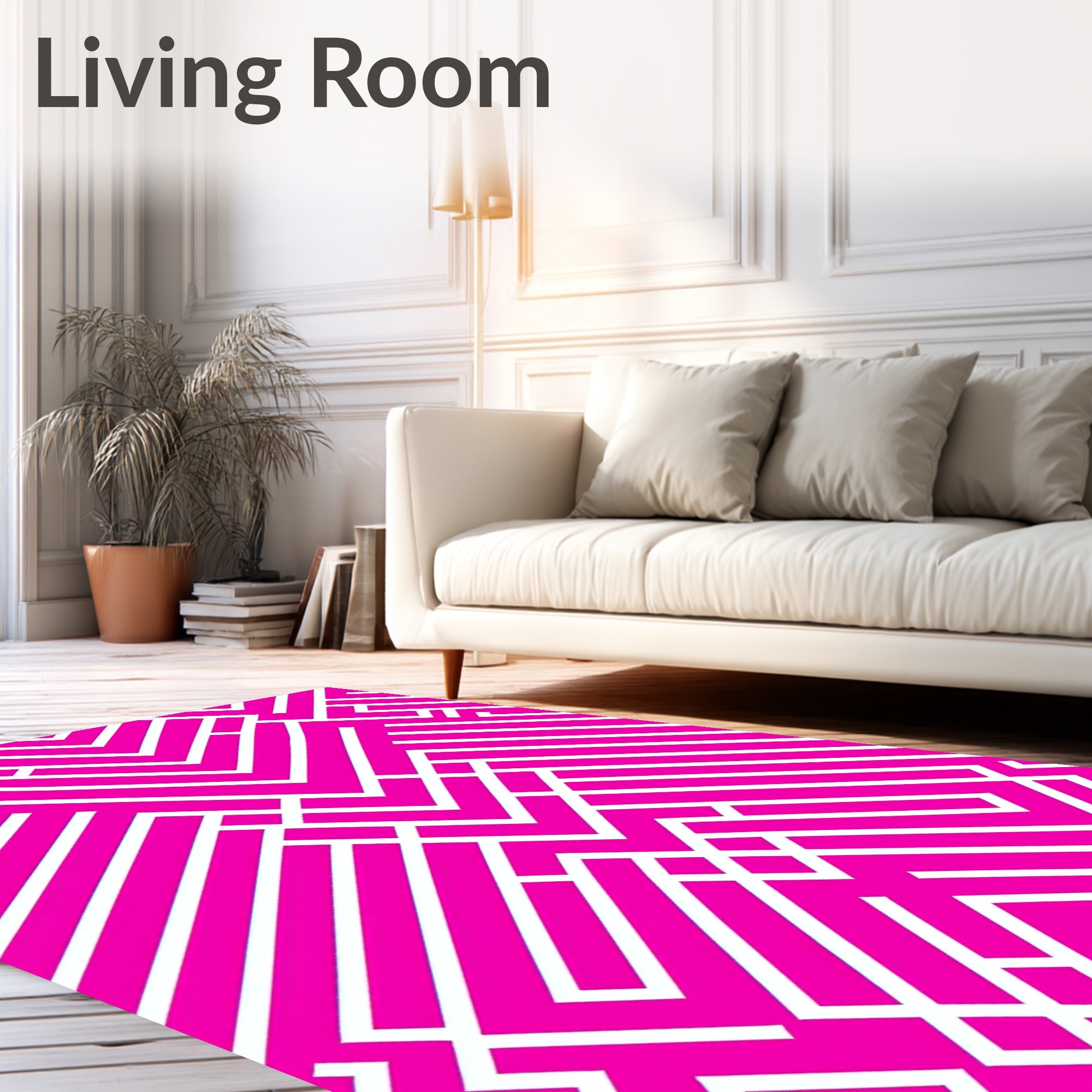 Bold Pink White Geometric Maze Pattern Rug