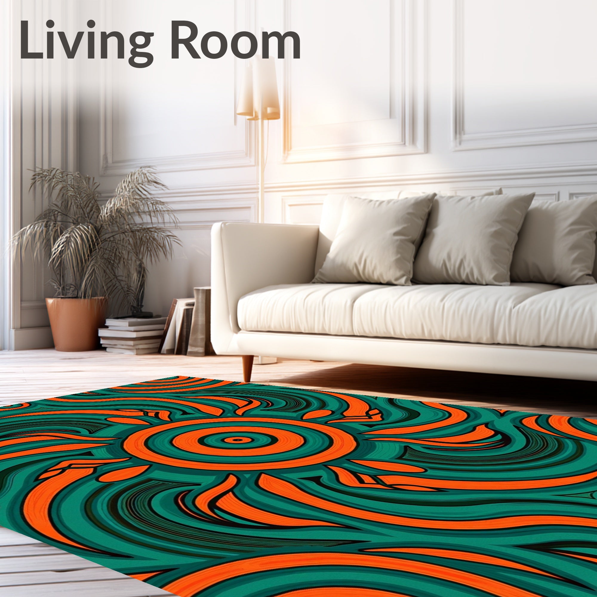 Intricate Orange Swirls Teal Design Rug