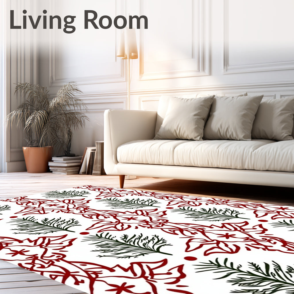 Crimson Red White Abstract Evergreen Motif Rug