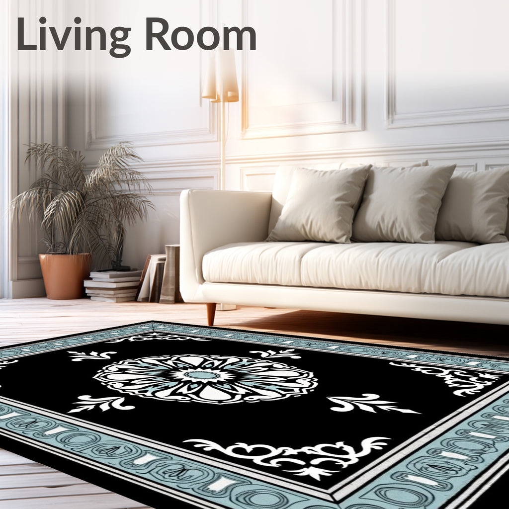 Black Floral Ornamentation With Light Blue Border Rug