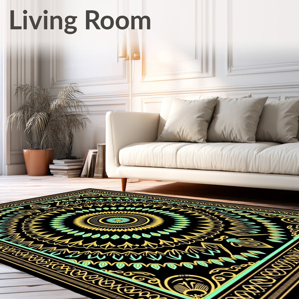 Black Gold Teal Medallion Pattern Rug