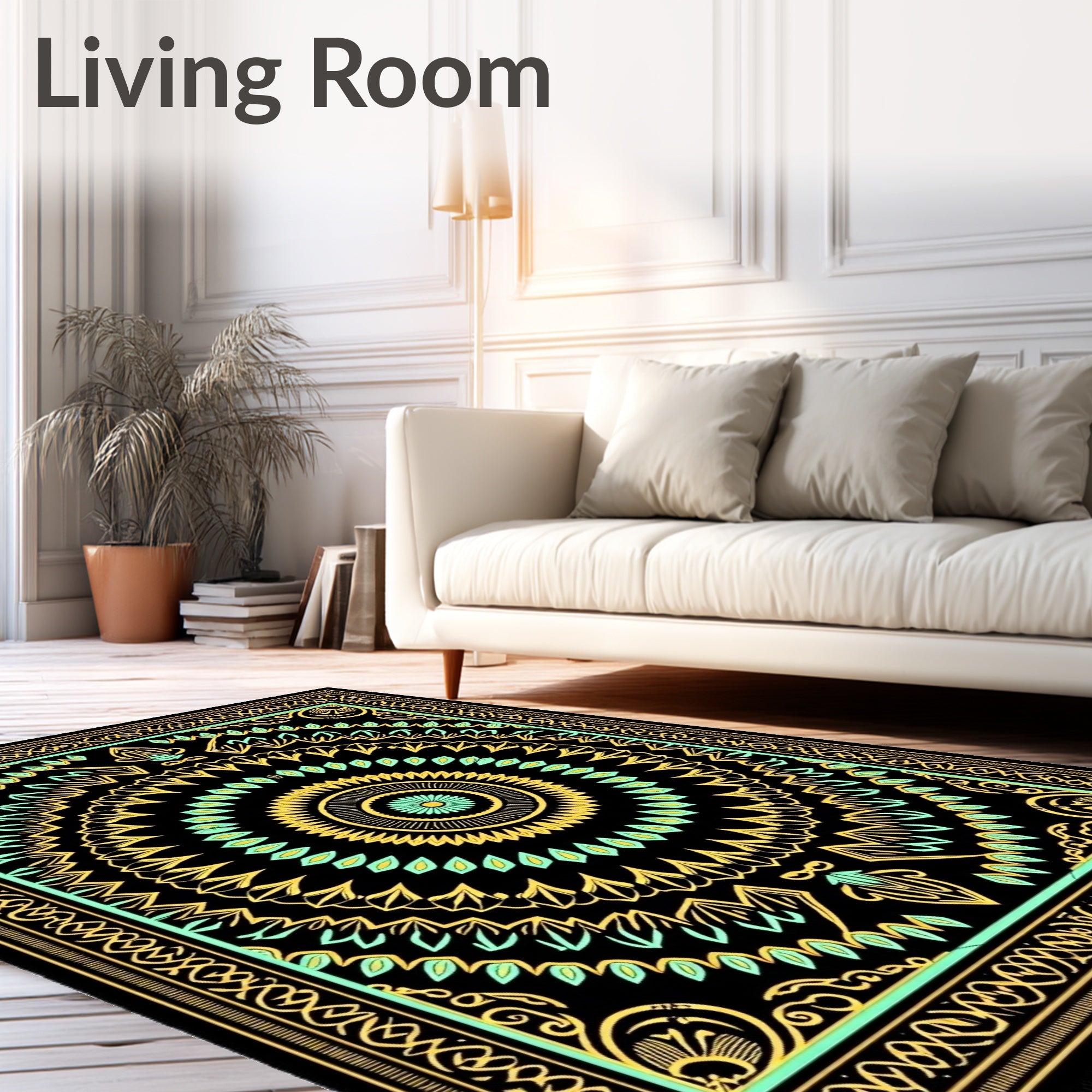 Black Gold Teal Medallion Pattern Rug