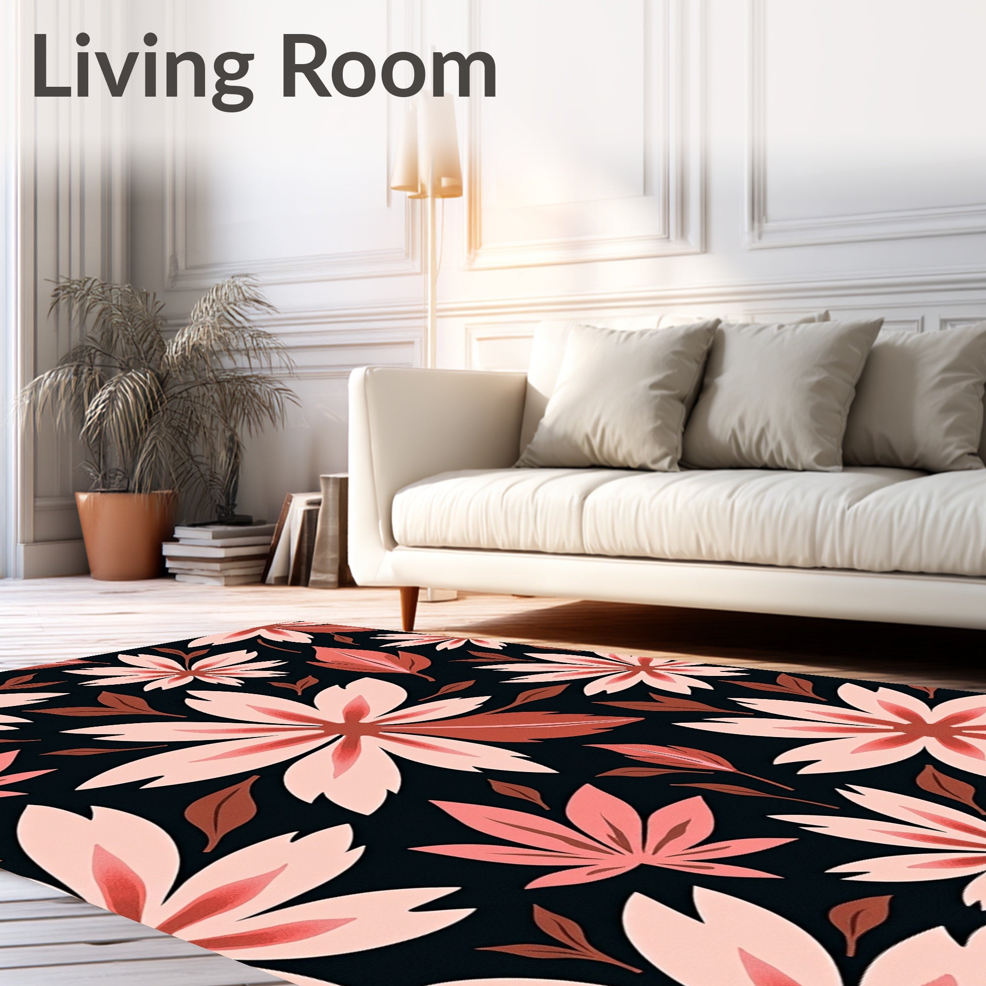 Pink 7 Petal Flowers Leafy Pattern Rug