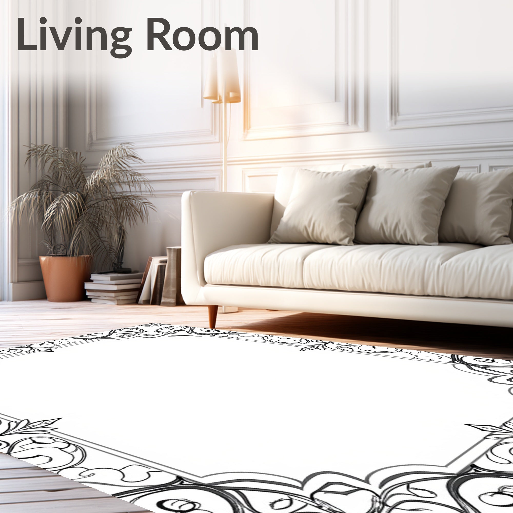 Ornate Scrollwork Black White Pattern Rug
