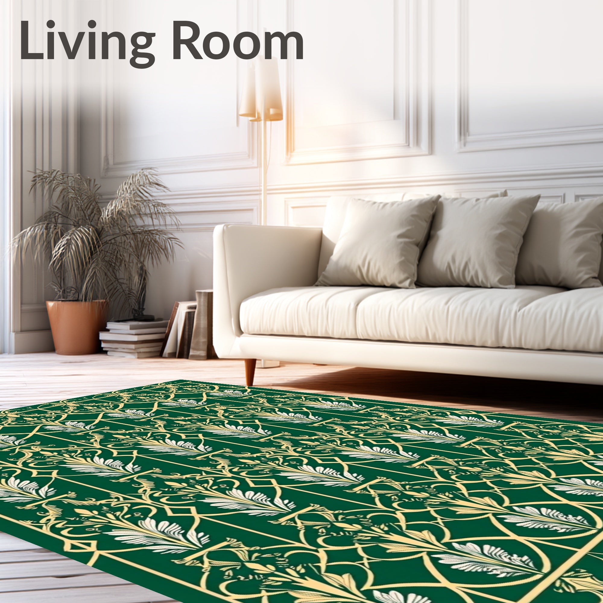 Green Gold Art Deco Floral Pattern Rug