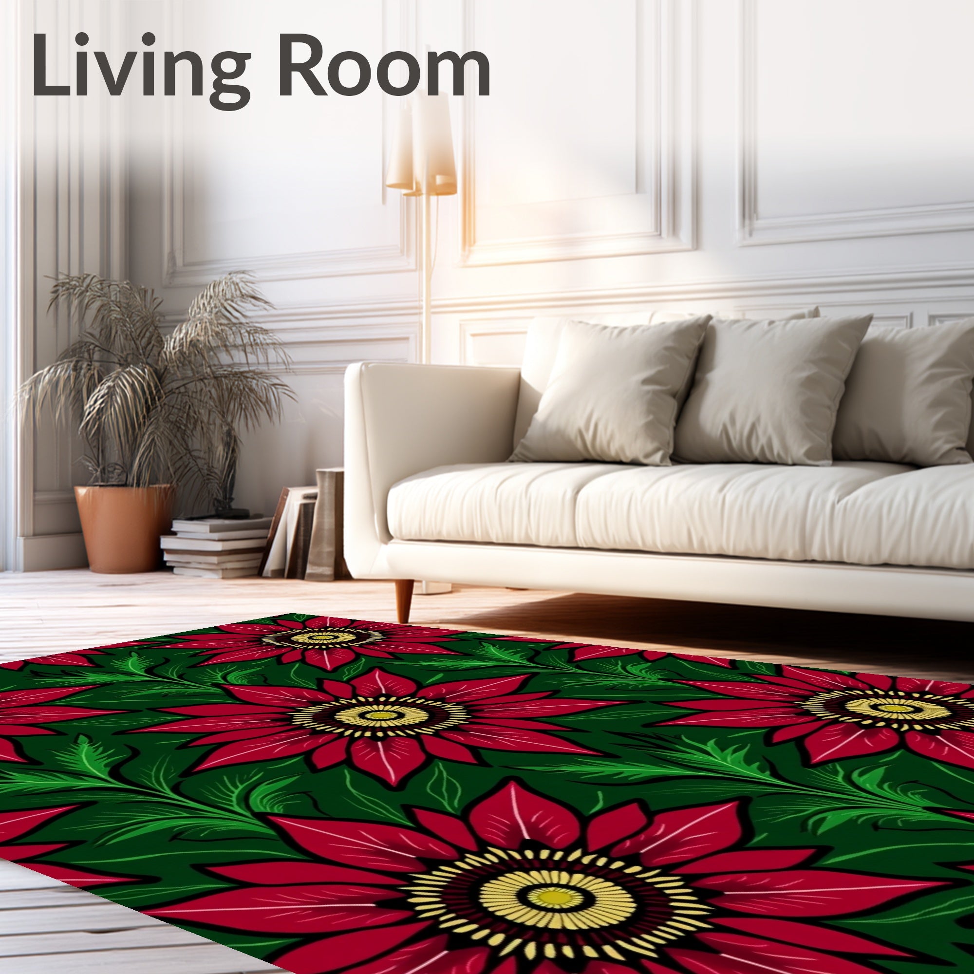Crimson Floral Garden With Greenery Rug