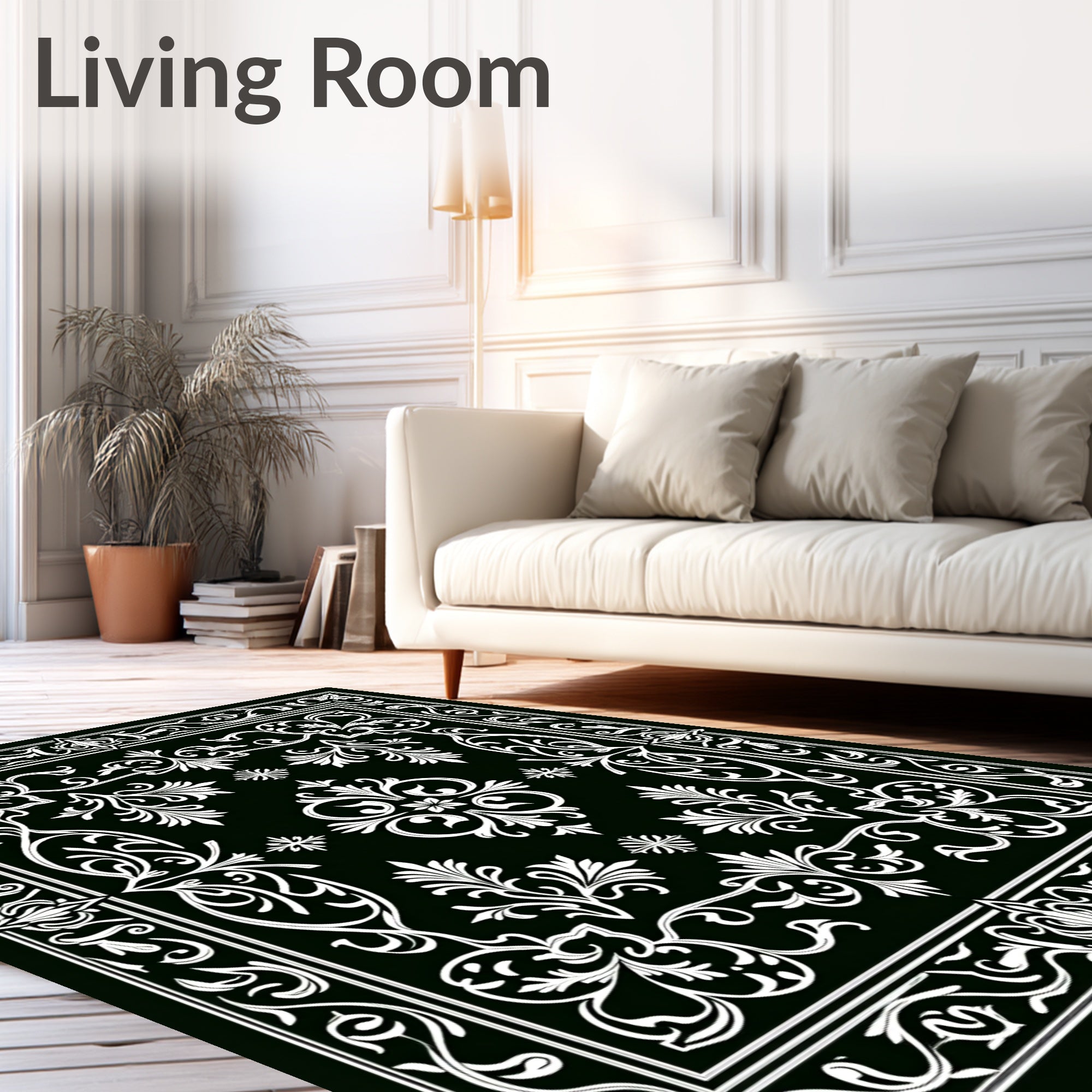 Elegant Black White Floral Scroll Rug