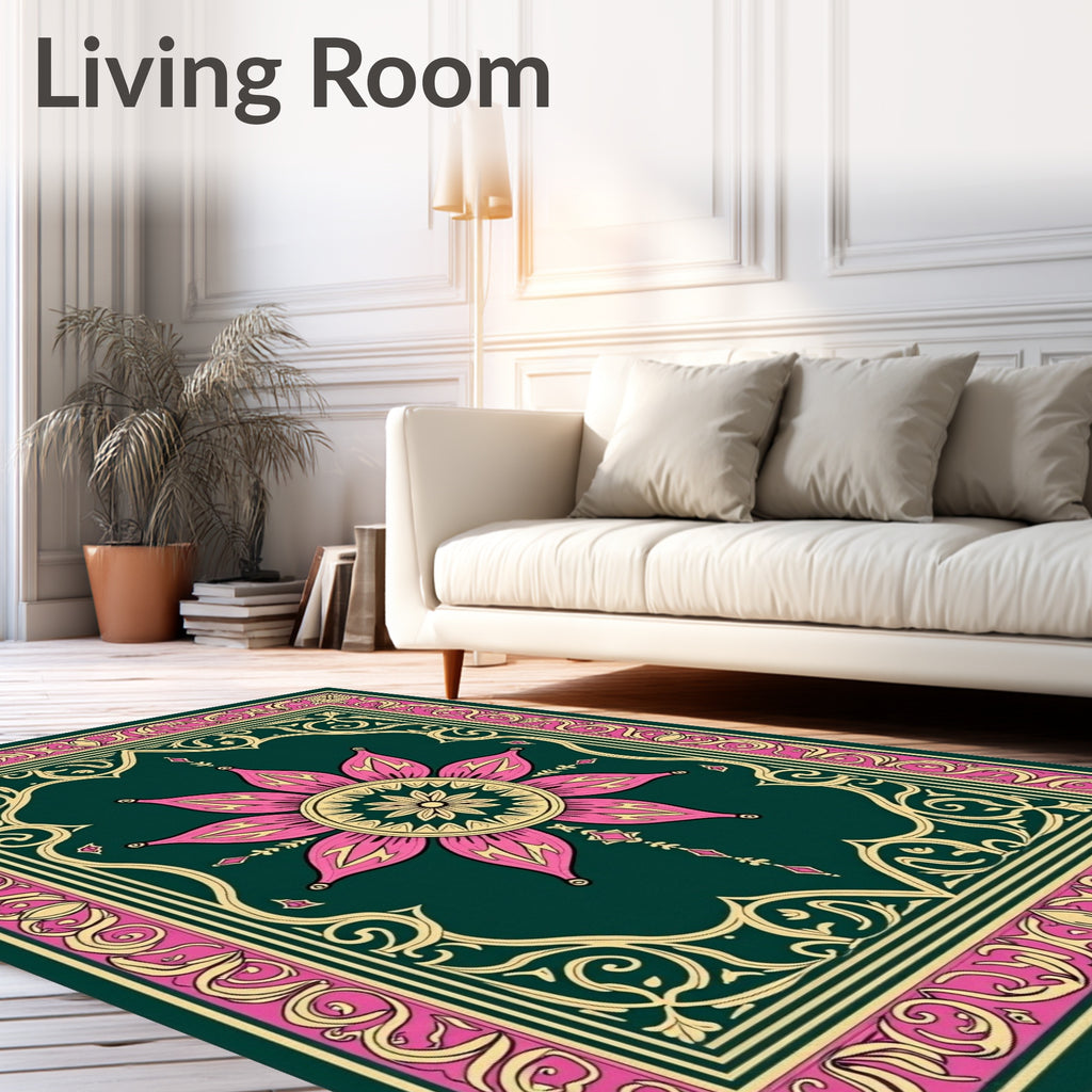 Intricate Floral Medallion With Pink Gold Border Rug