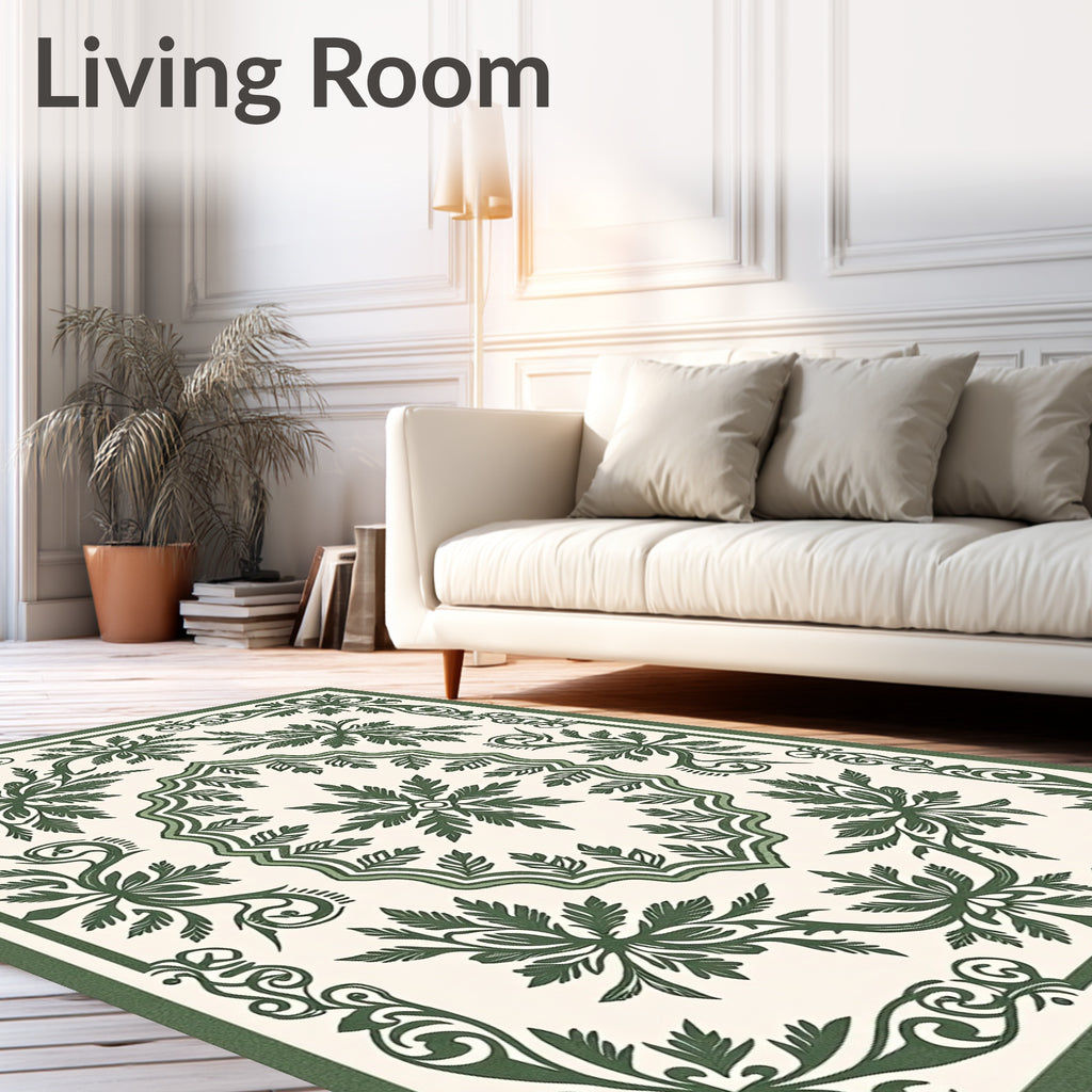 Ornate Green Leaf Scroll Medallion Rug