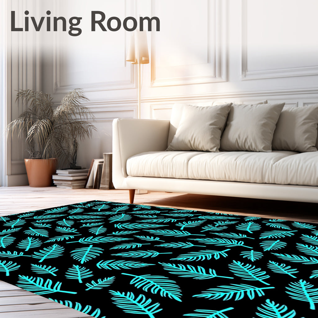 Cyan Tropical Leaf Pattern Rug