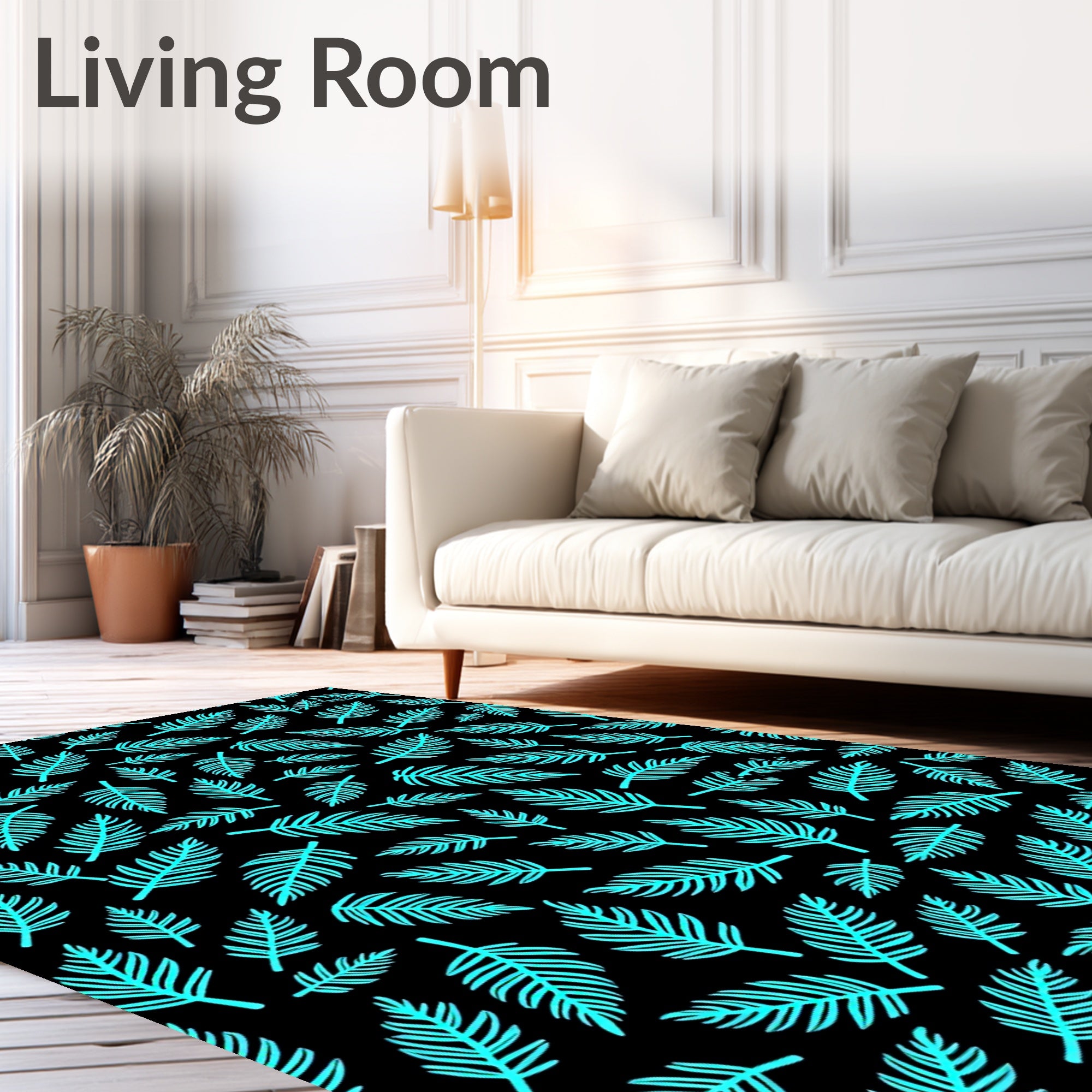 Cyan Tropical Leaf Pattern Rug