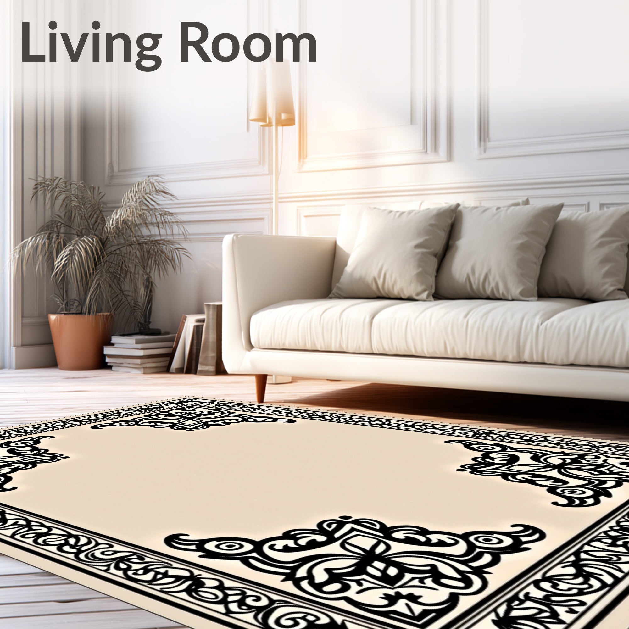 Ornate Black Floral Corner Border Design Rug