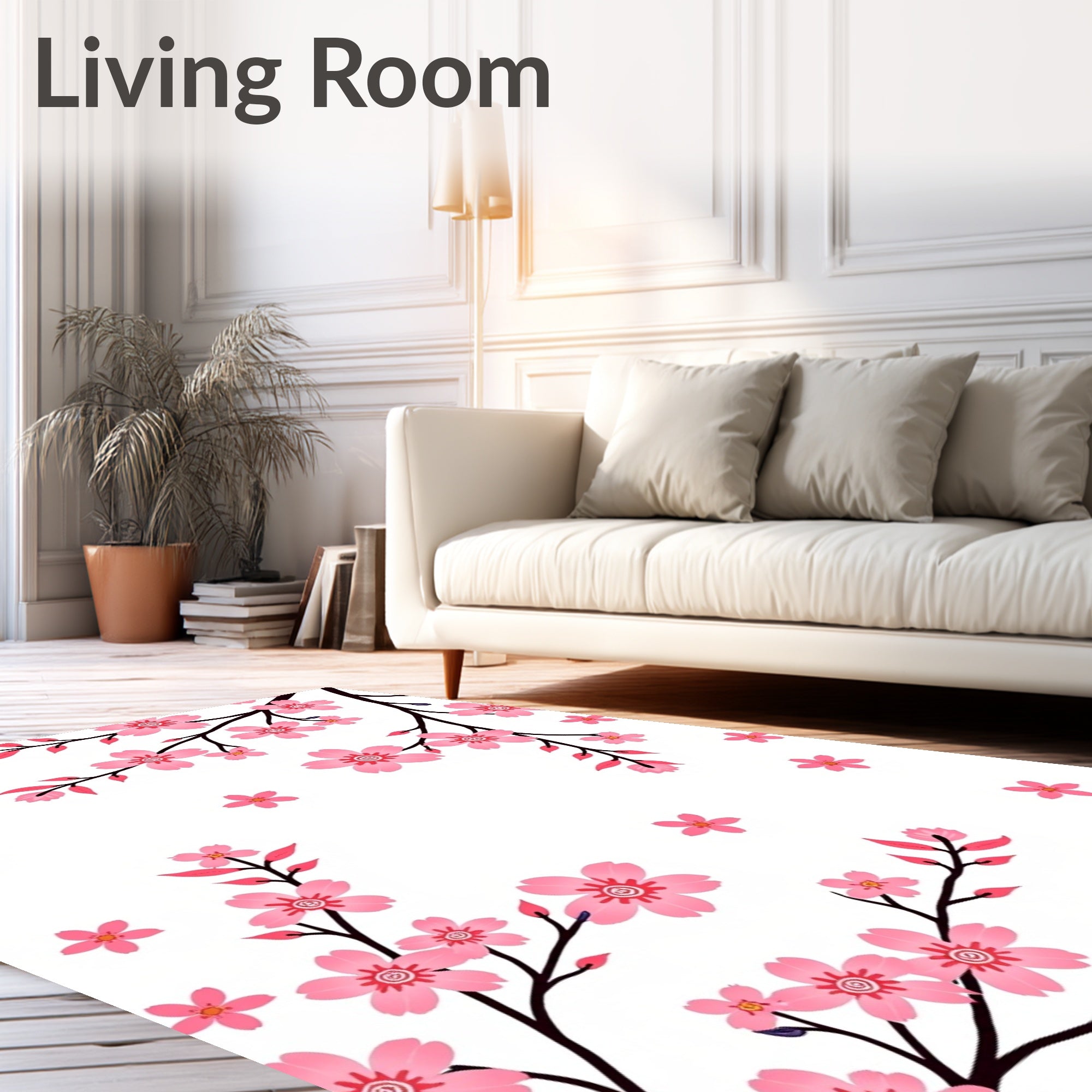 Pink Cherry Blossom Branch Pattern Rug