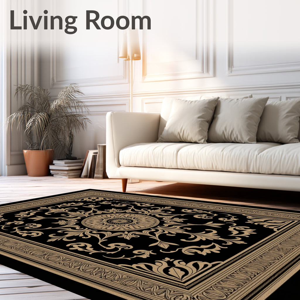 Ornate Black Gold Damask Pattern Rug