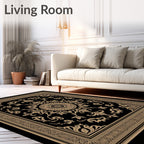 Ornate Black Gold Damask Pattern Rug